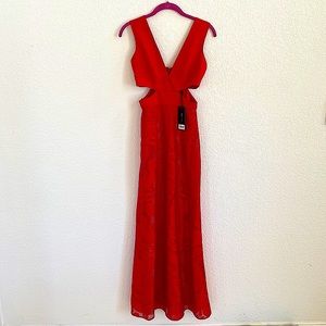 BCBG Formal Red Lace Maxi Dress Deep V Neck with Cutouts